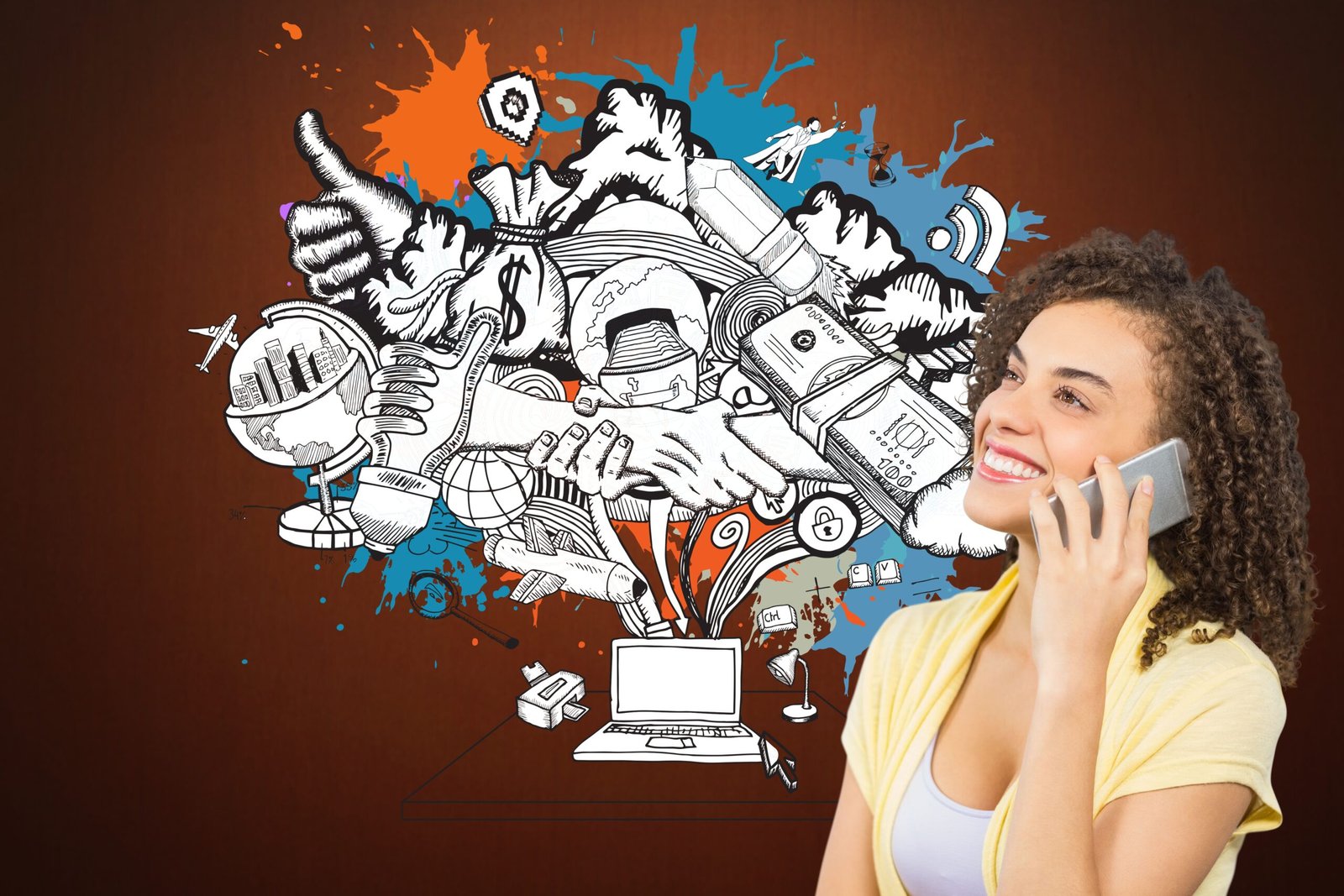 Woman with smartphone surrounded by digital elements